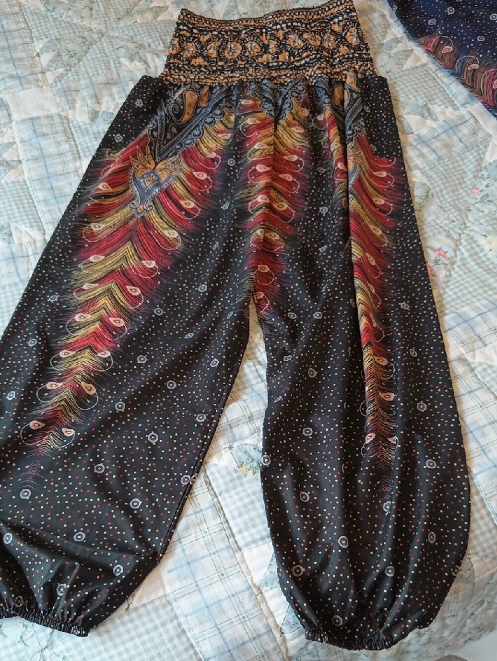 Set -2 Women’s Black & Navy Patterned Smocked Waist Harem Pants - Picture 3 of 3